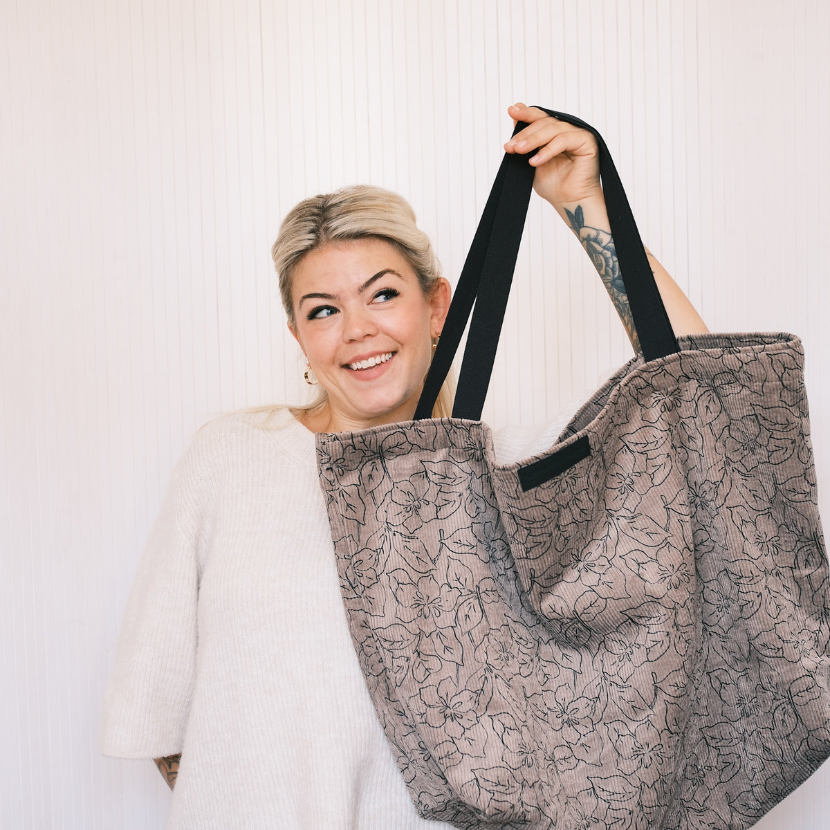 XL Shopper - Blumen Cord Taupe