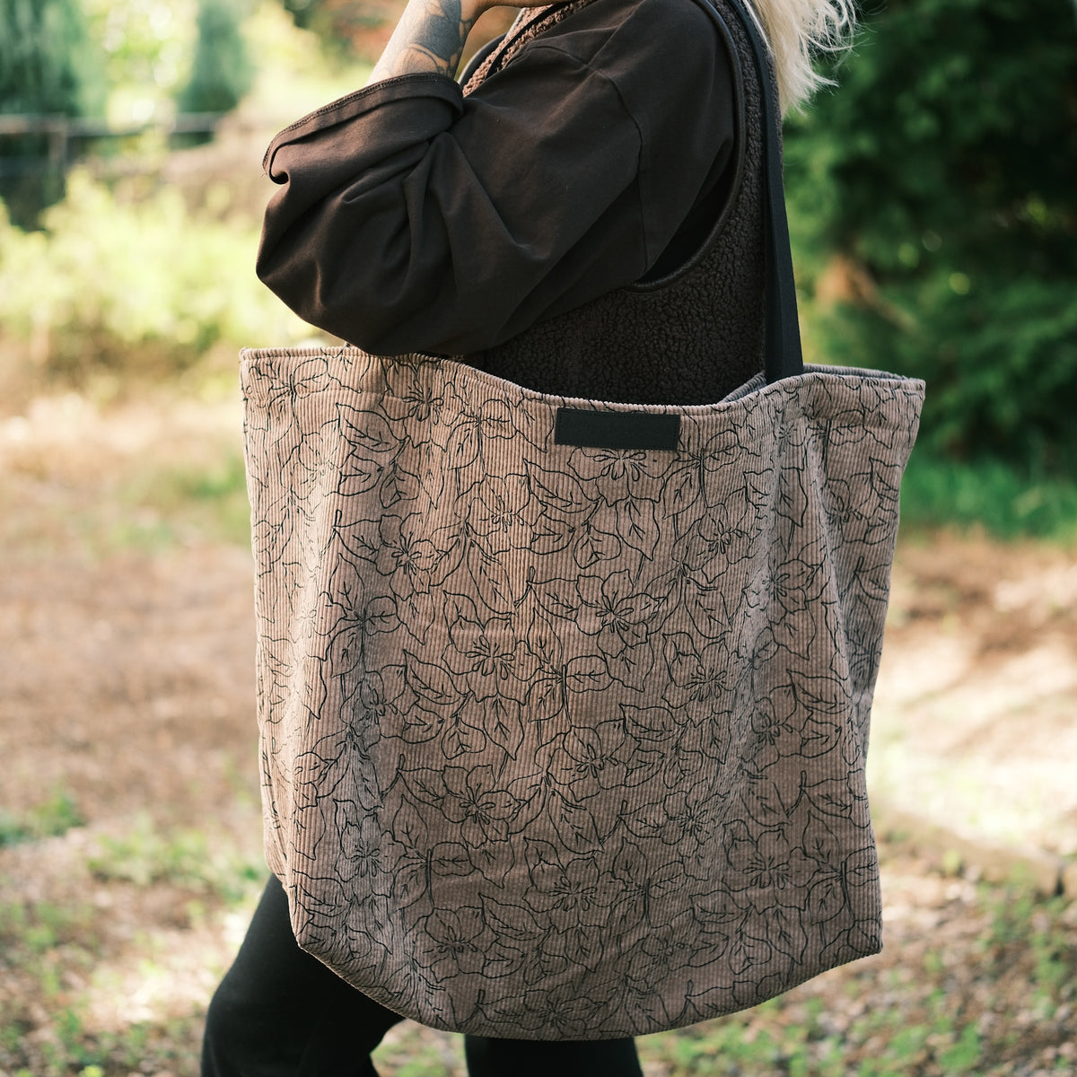 XL Shopper - Blumen Cord Taupe
